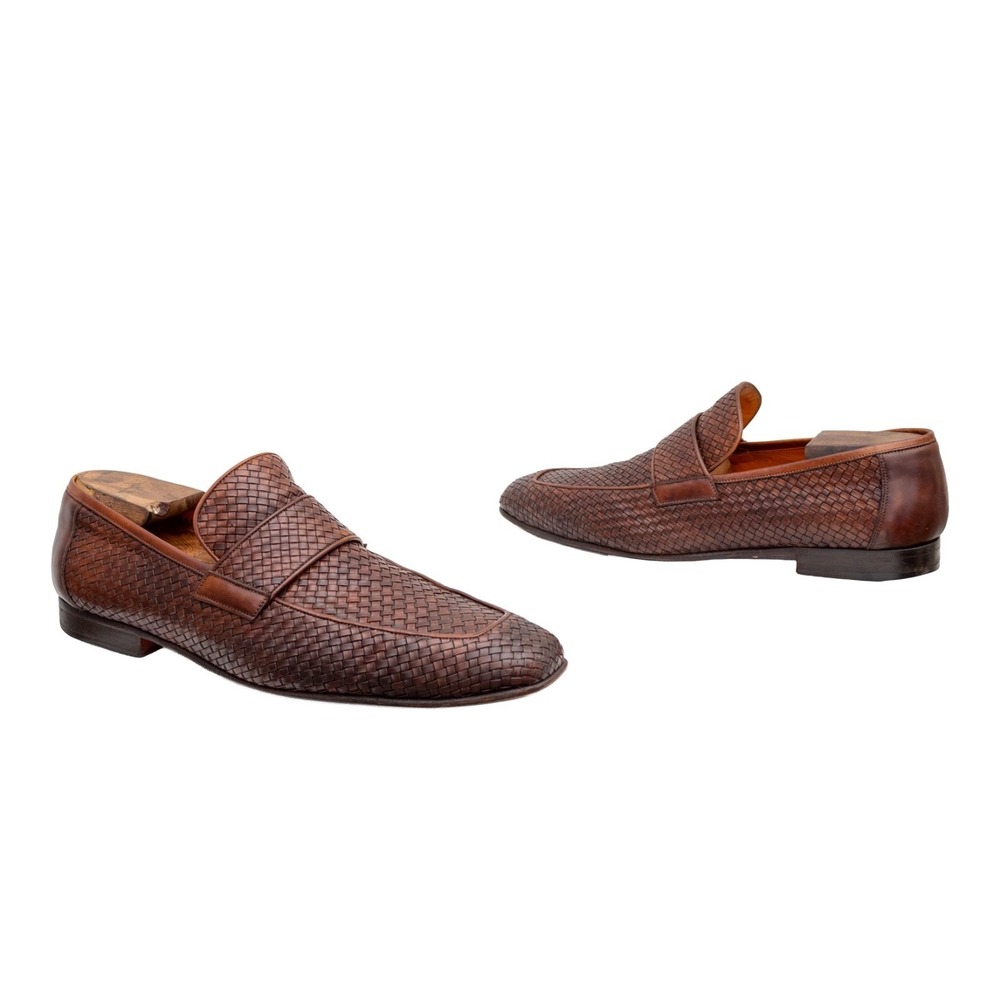 Santoni Woven Leather Loafers Mens US 10.5 UK 9.5 EU 44 Brown Handwoven
